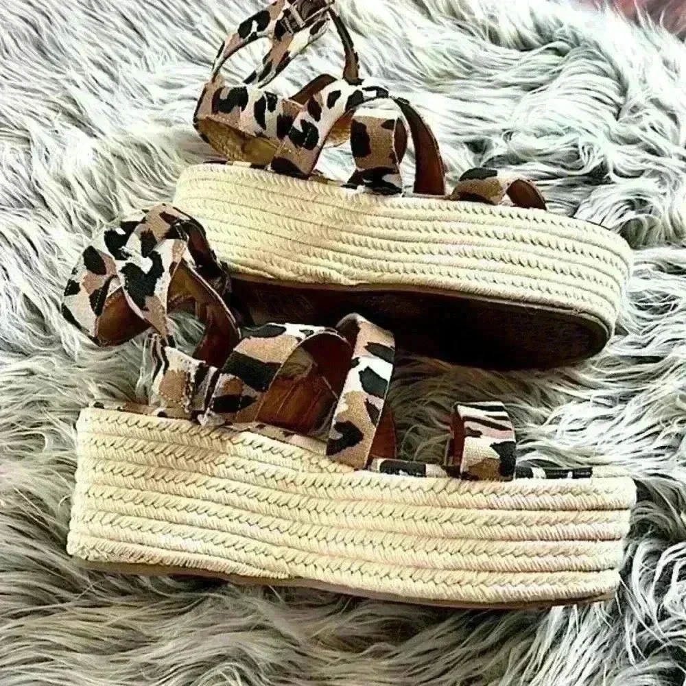 Qupid Leopard Print Canvas Platform Cross Over Espadrilles, 7.5